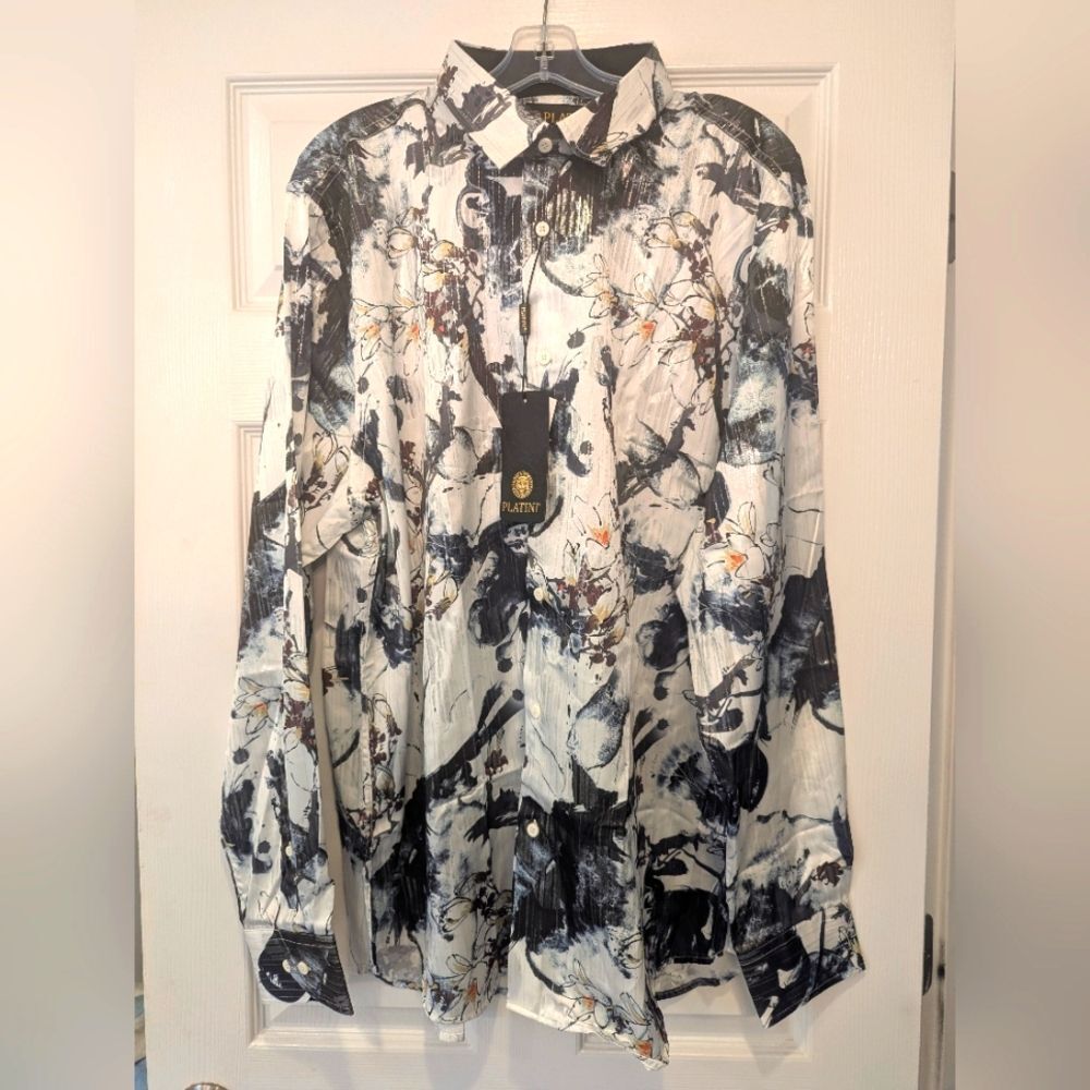 NWT Platini Long Sleeve Button Down Dress Party Men's Abstract Print Shirt 3XL